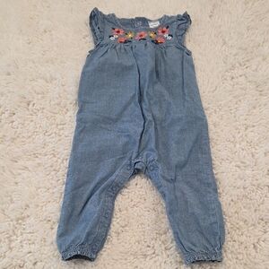 Blue Jumpsuit with Elastic Waist and Floral Accents